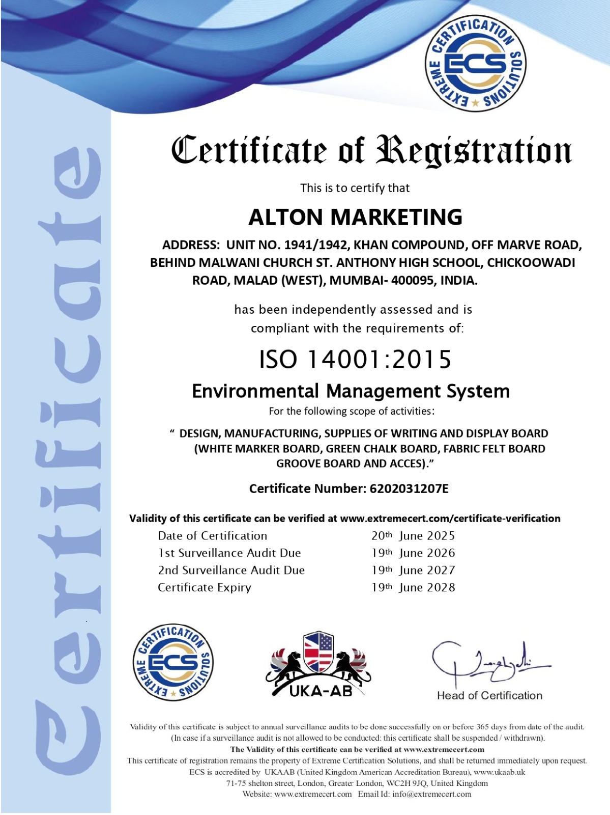ALLARK ISO 14001:2015 Environmental Certificate